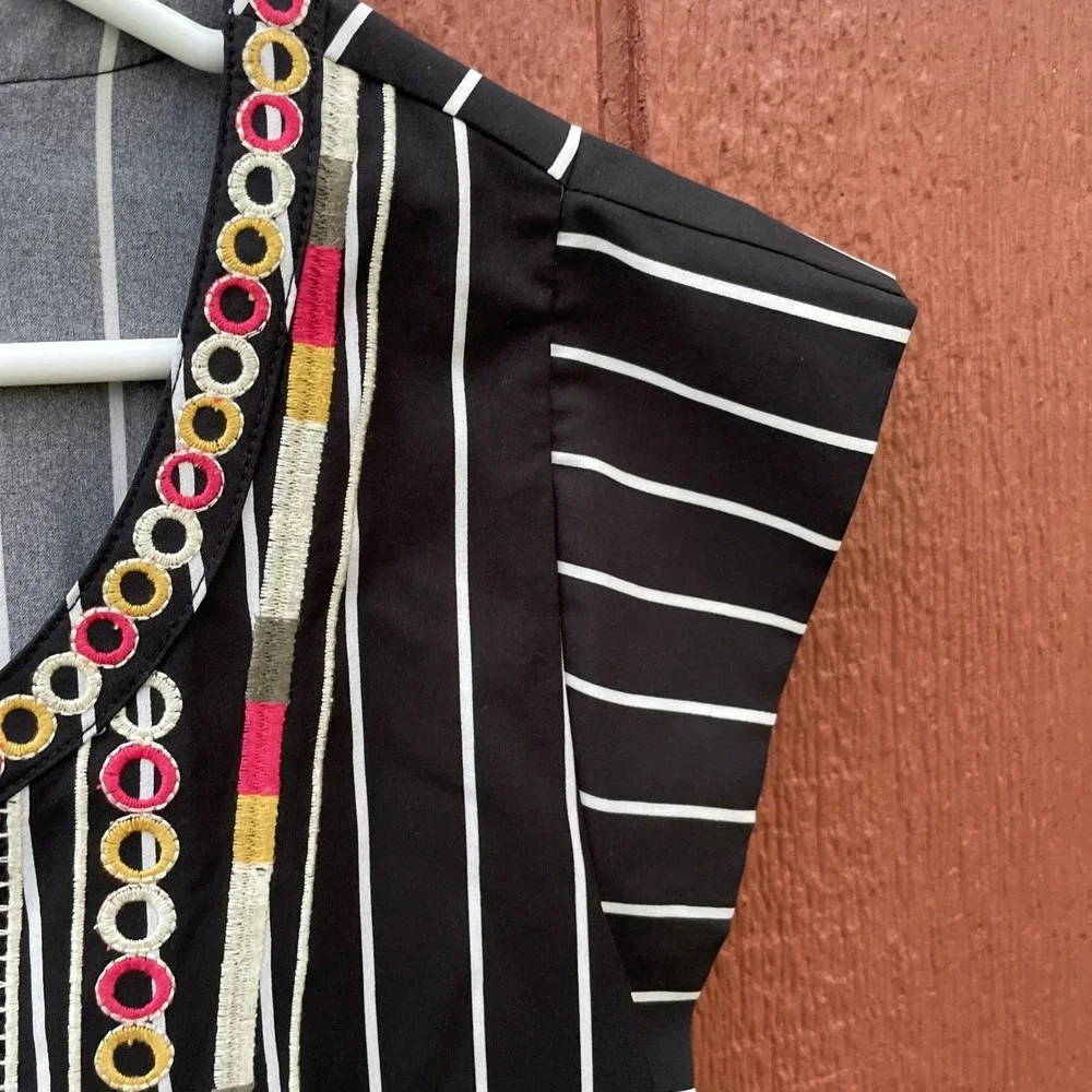THML top Medium Black White Striped With Green Tan Pink And Yellow Embroidery - Picture 8 of 16